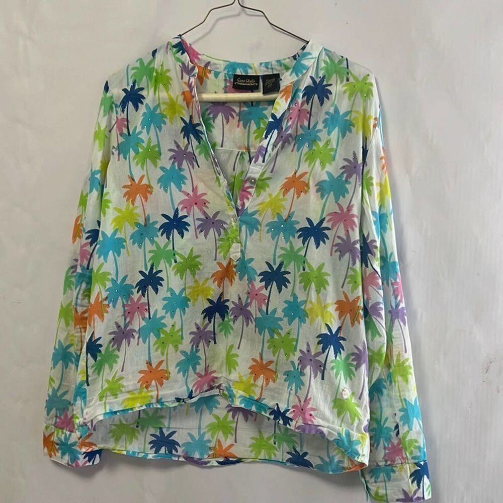SARA STUDIO PALM TREE HIGH LOW LIGHT SUMMER TOP‎ SIZE  S